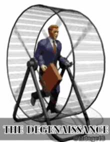a man in a suit is running in a hamster wheel with a briefcase