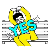 a man in a yellow suit is sitting on a bench and holding a large yes sign .