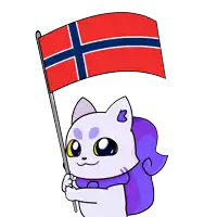 a cartoon cat holding a norwegian flag with the letter b on its back