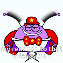 a cartoon character wearing a red hat and bow tie with the words " my reaction to that information " below him