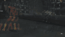 a pixelated image of a man in a red and yellow superhero costume flying through the air