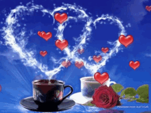 a cup of coffee with hearts coming out of it next to a rose