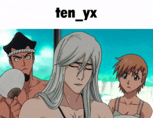 a man holding a fan stands next to a woman and a girl with the caption ten_yx on the bottom
