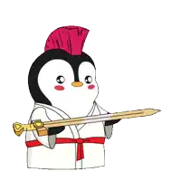 a penguin with a red mohawk holding a sword