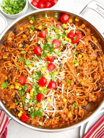 taco spaghetti in stainless steel skillet