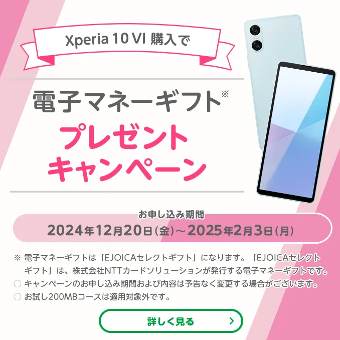 Xpreia 10 VI 購入で電子マネーギフトプレゼントキャンペーン　お申し込み期間 2024年12月20日(金)～2025年2月3日(月)　※電子マネーギフトは「EJOICAセレクトギフト」になります。「EJOICAセレクトギフト」は、株式会社NTTカードソリューションが発行する電子マネーギフトです。