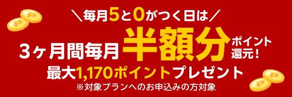 3か月間、毎月半額分ポイント還元！最大1,170ポイントプレゼントキャンペーン