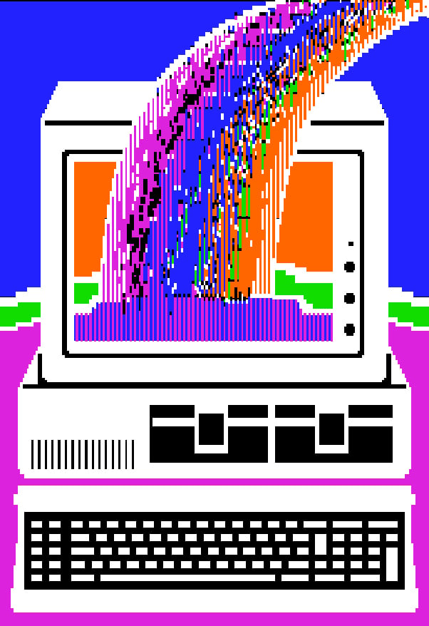 a photograph of a digital image of an old fashioned computer monitor and a surge of colours orange, blue, green, and purple are streaming out of the screen