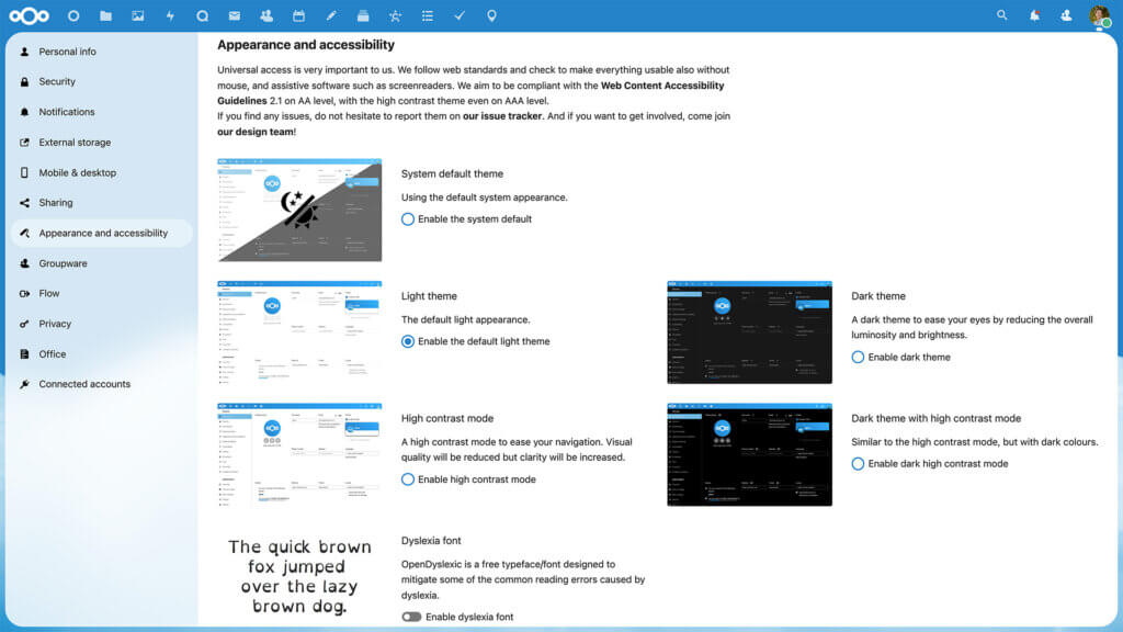 Nextcloud Hub appearance and accessibility settings