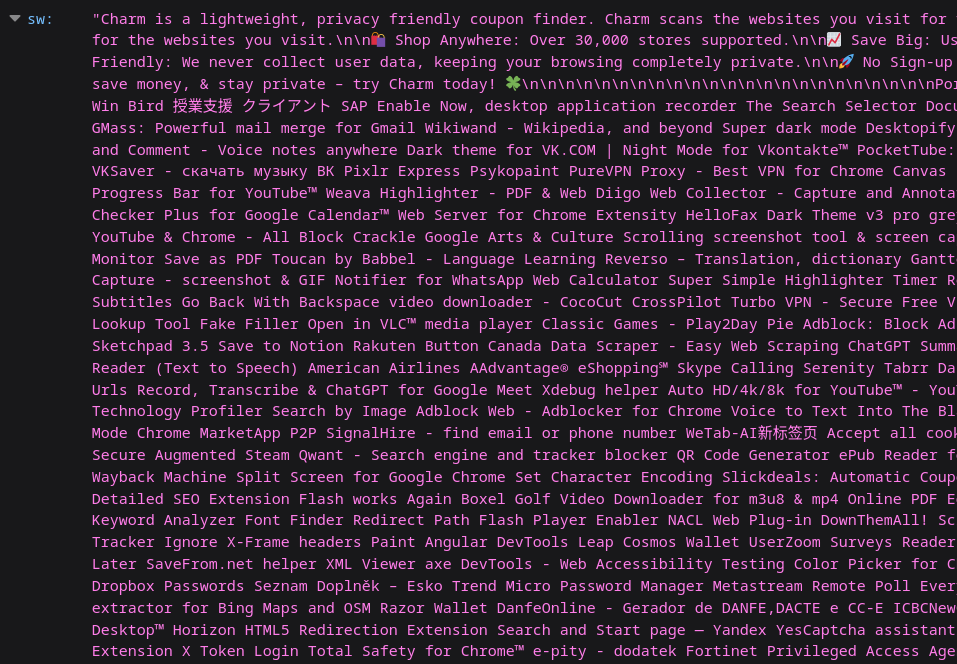 Screenshot of a JSON listing. The key name is sw indicating Swahili language. The corresponding description starts with “Charm is a lightweight, privacy friendly coupon finder.” Later on it contains a sequence of newlines, followed by a wall of text along the lines of: “GMass: Powerful mail merge for GMail Wikiwand - Wikipedia, and beyond Super dark mode Desktopify”