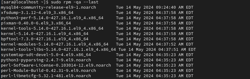 rpm -qa --last terminal output