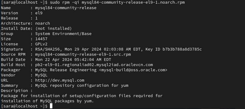 terminal output for rpm -qi