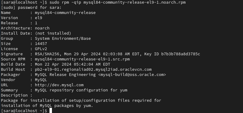 terminal output for rpm -qip