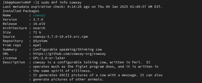 sudo dnf info cowsay terminal output