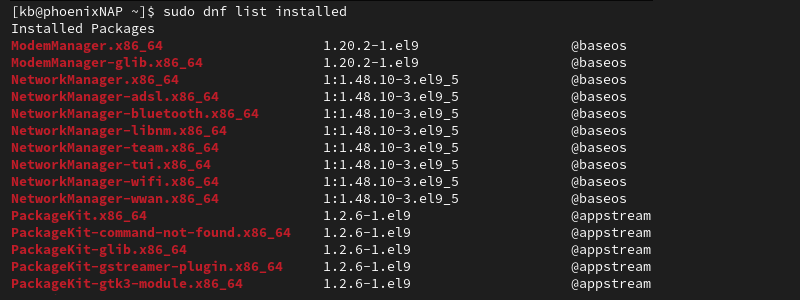 sudo dnf list installed terminal output