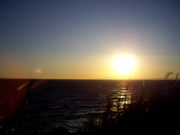 水平線上に輝く夕日の無料写真素材