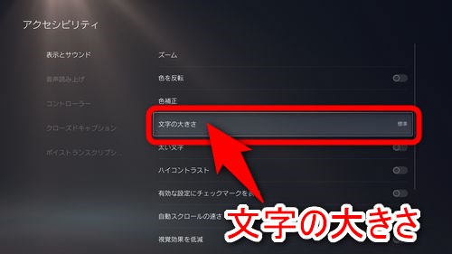 右に表示されている項目の中から「文字の大きさ」を選択する