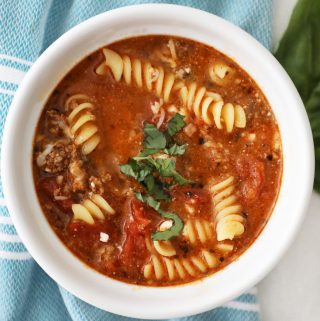 close up birds eye view of a bowl of lasagna soup