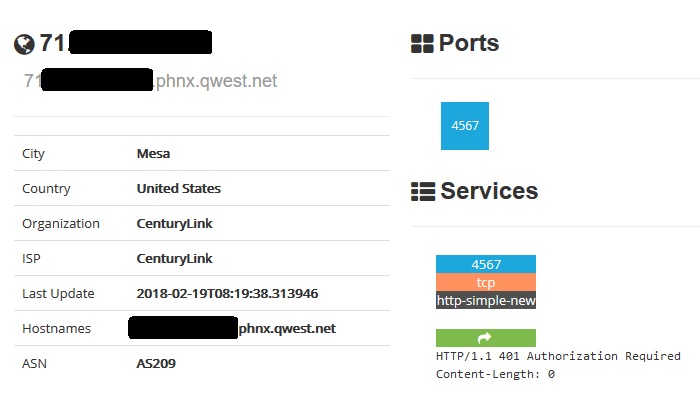 Shodan report with port 4567 open