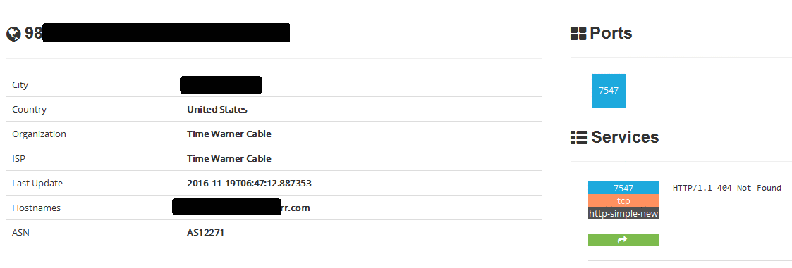 Shodan report with port 7547 open