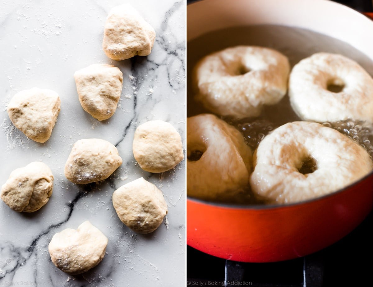 2 images of bagel dough cut into pieces and bagels in a water bath