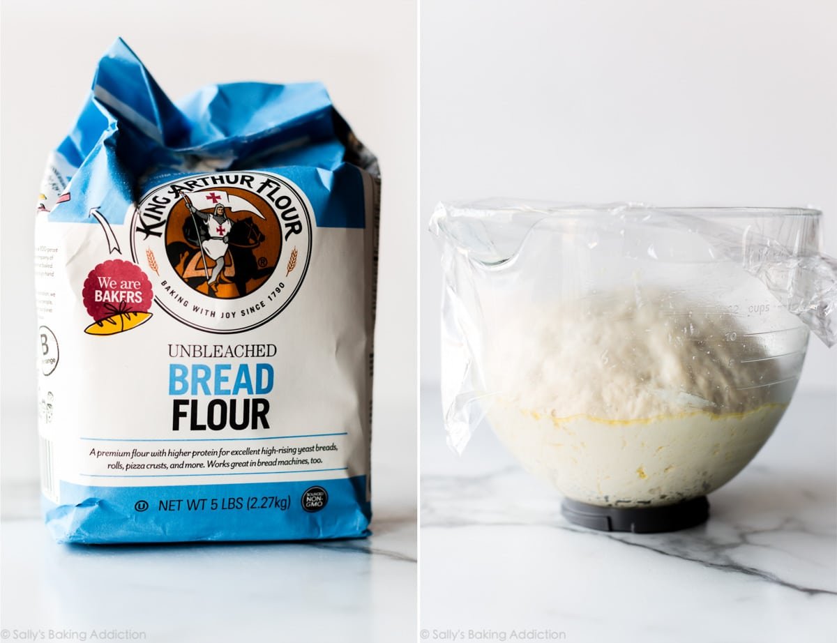 2 images of bag of bread flour and bagel bread dough in a glass bowl