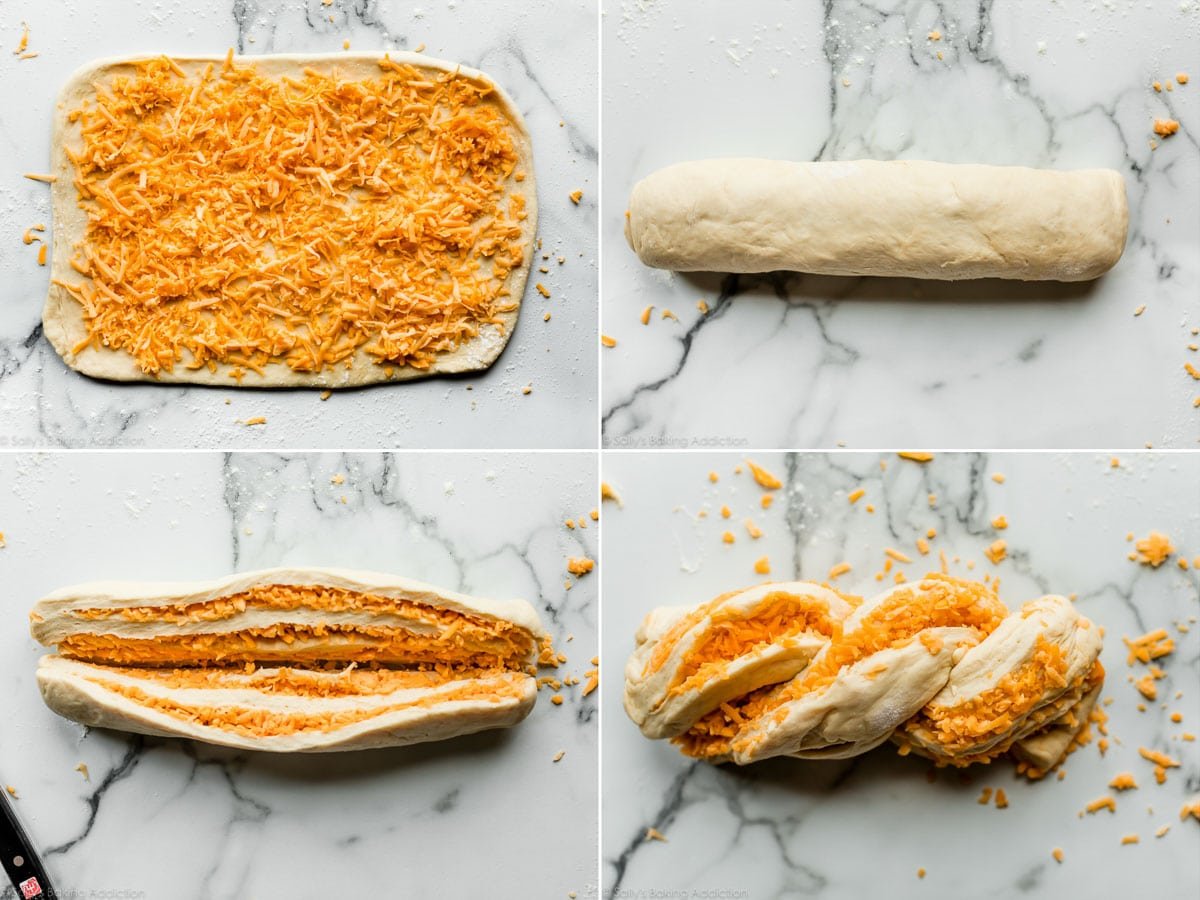 collage of 4 cheese bread dough step photos