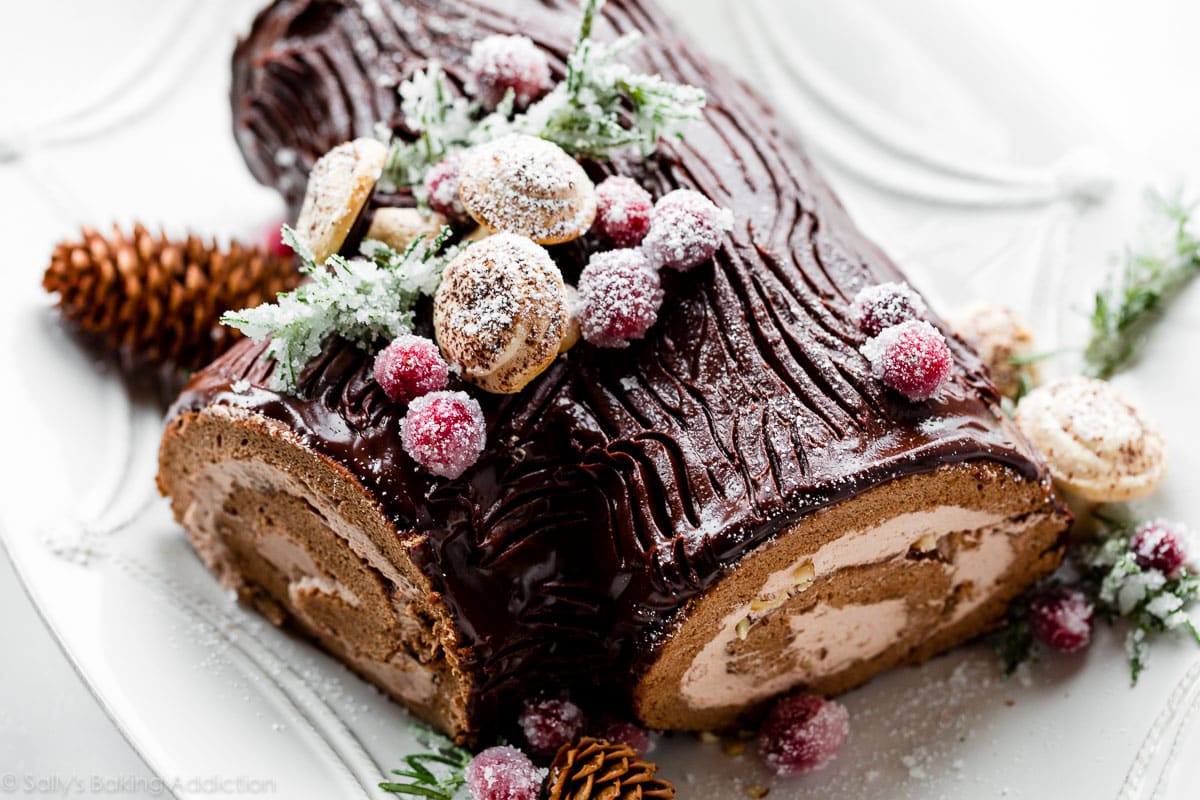 decorated yule log cake