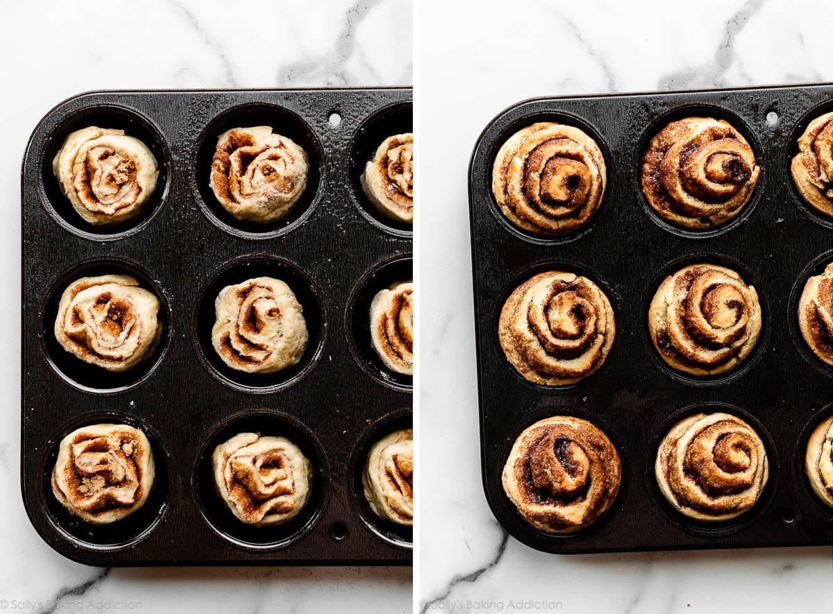 cinnamon rolls in muffin pan before and after baking.