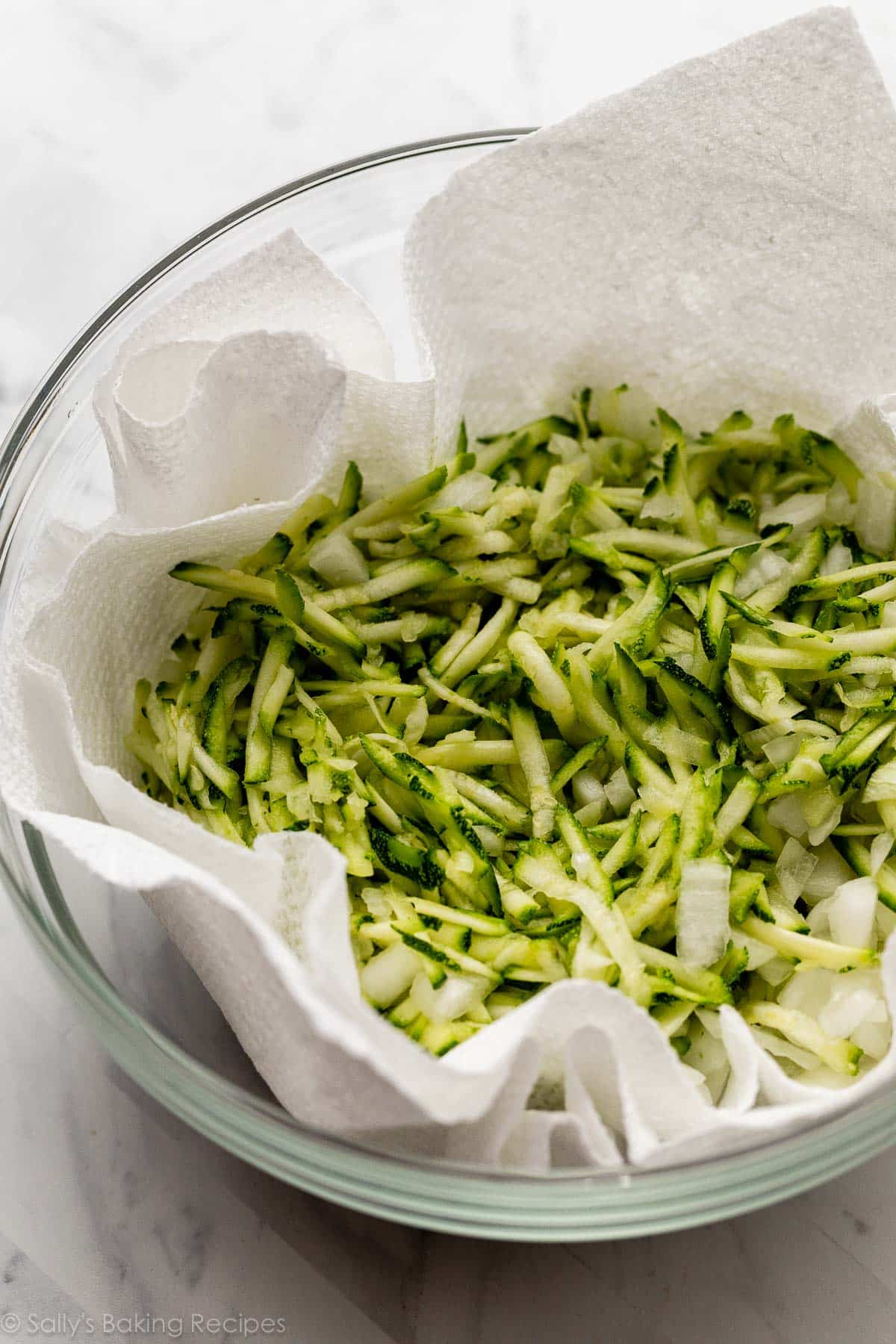 vegetable mixture in paper towel-lined bowl.