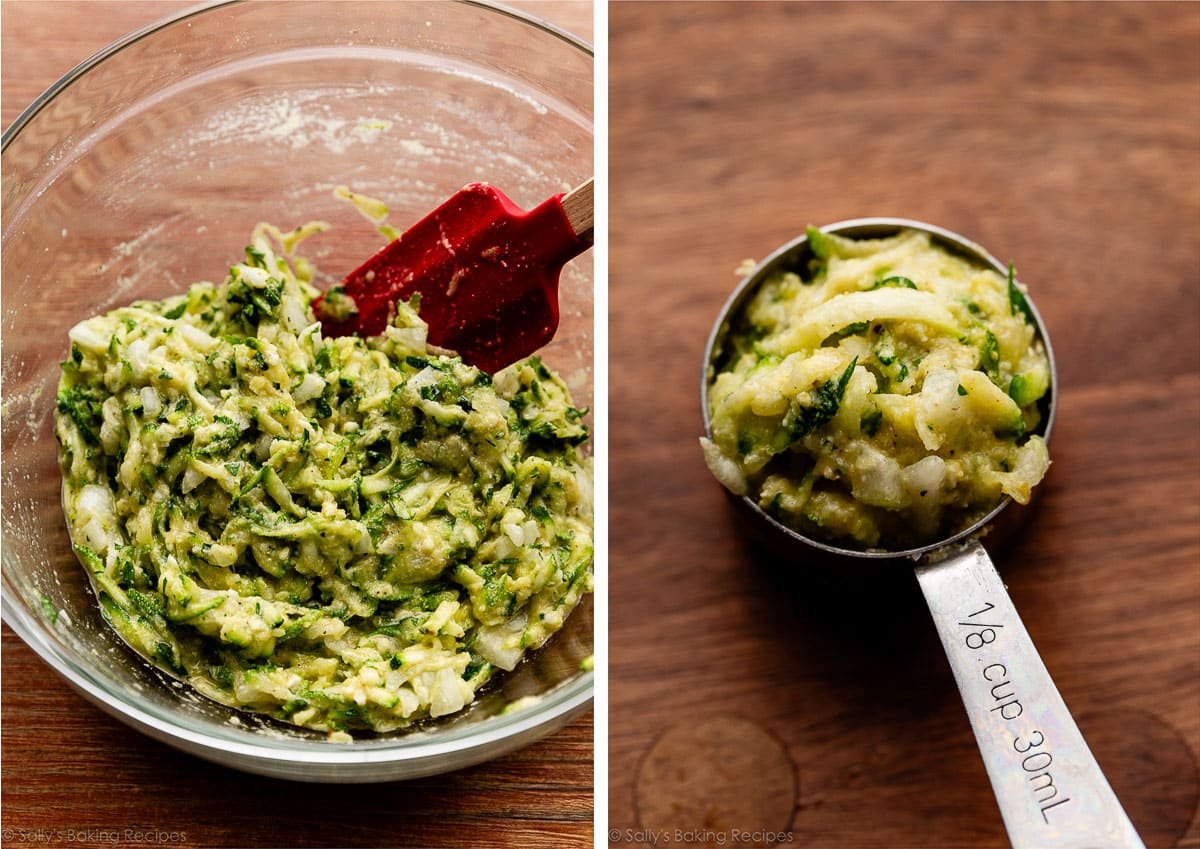 zucchini mixture in bowl and shown again in 1/8 cup measuring cup.