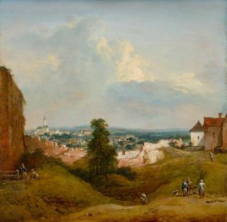 Johann Christian Brand, Aussicht von der Albrechtsburg in Klosterneuburg, 1787, Öl auf Holz, 33 ...