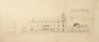 Josef Hoffmann, Aufriss Eingangsseite Palais Stoclet, 1906, Plandruck mit ergänzenden Bleistift ...