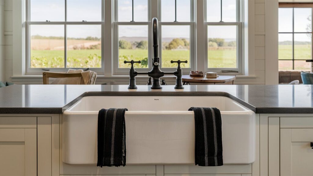 A White Farmhouse Kitchen Sink with Black Accents