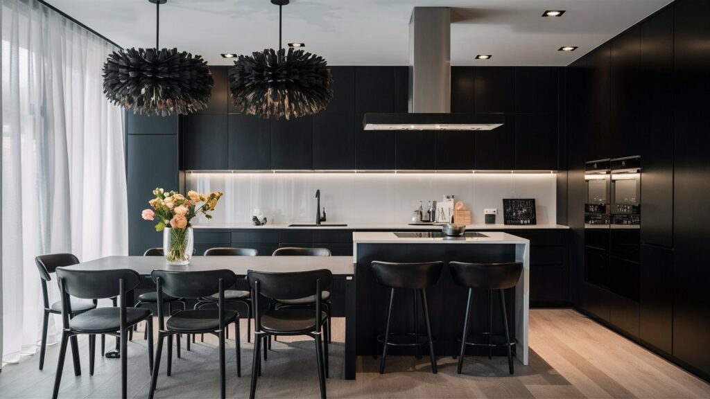 Black chandeliers over the dining area