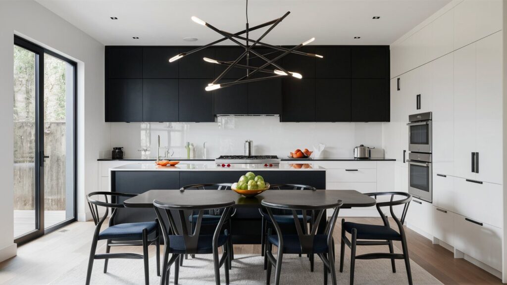 A modern minimalist black and white Kitchen