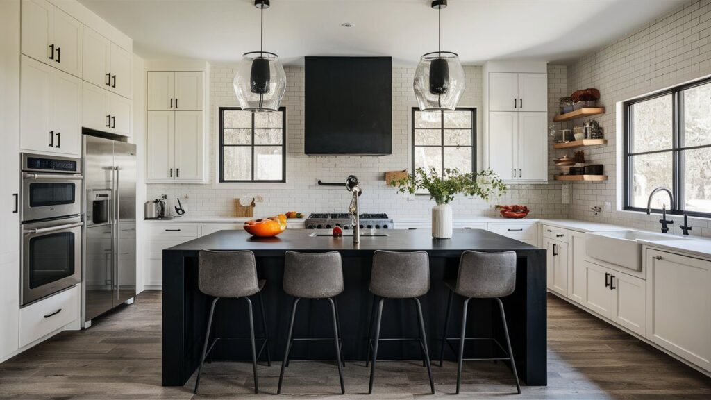 Black Kitchen Island with White Cabinets