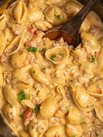 A wooden spoon holding a scoop or Rotel pasta in a crock pot.