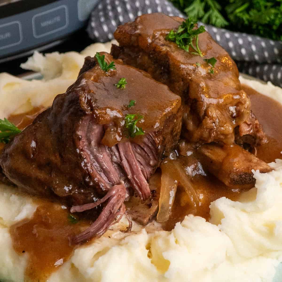 Two short ribs over mashed potatoes and covered in gravy.