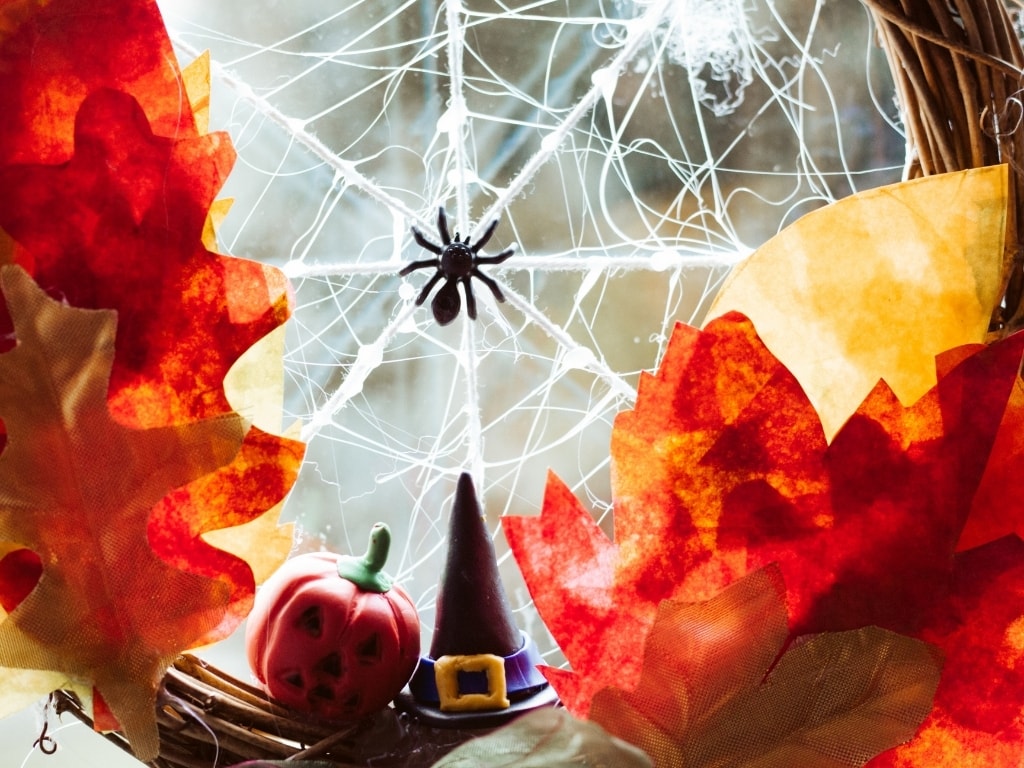 Close up of Spider's Web on Halloween Wreath