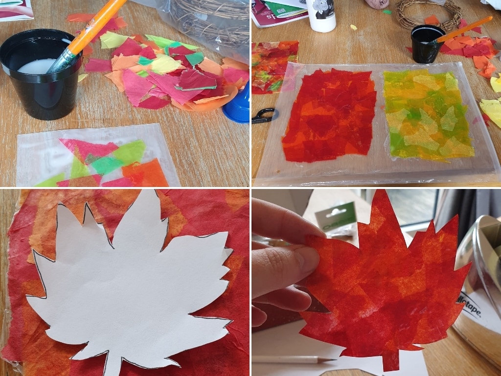 Steps for making tissue paper inro papier mache leaves.