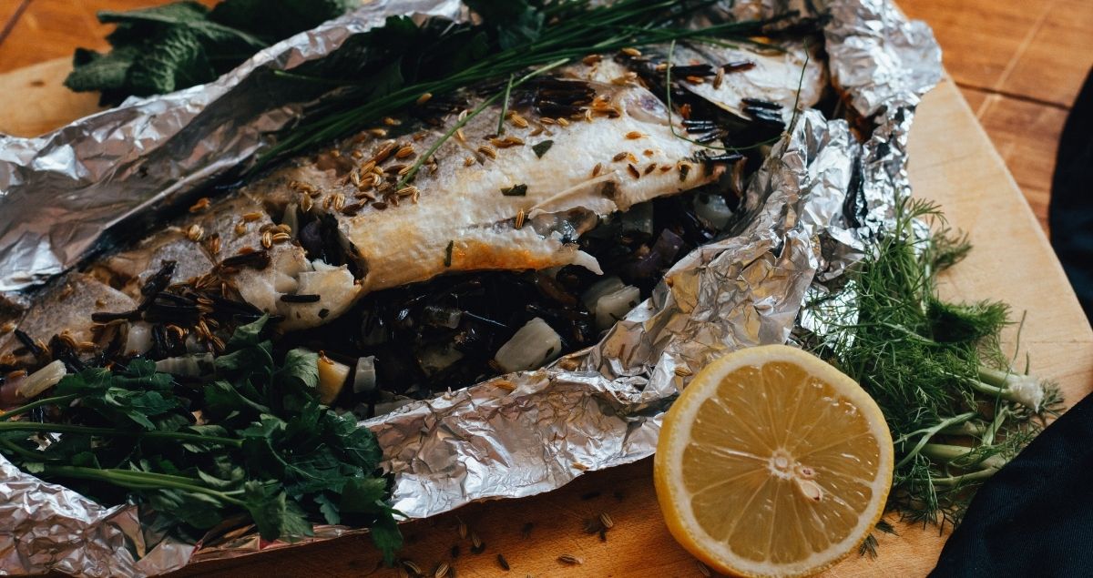 Close up of whole sea bass stuffed with USA Wild rice