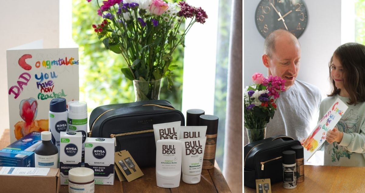 Close up of Father's Day gifts from Boots with small girl girving some to her father