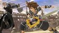 Sora in his P2 costume fighting Sephiroth on the stage.