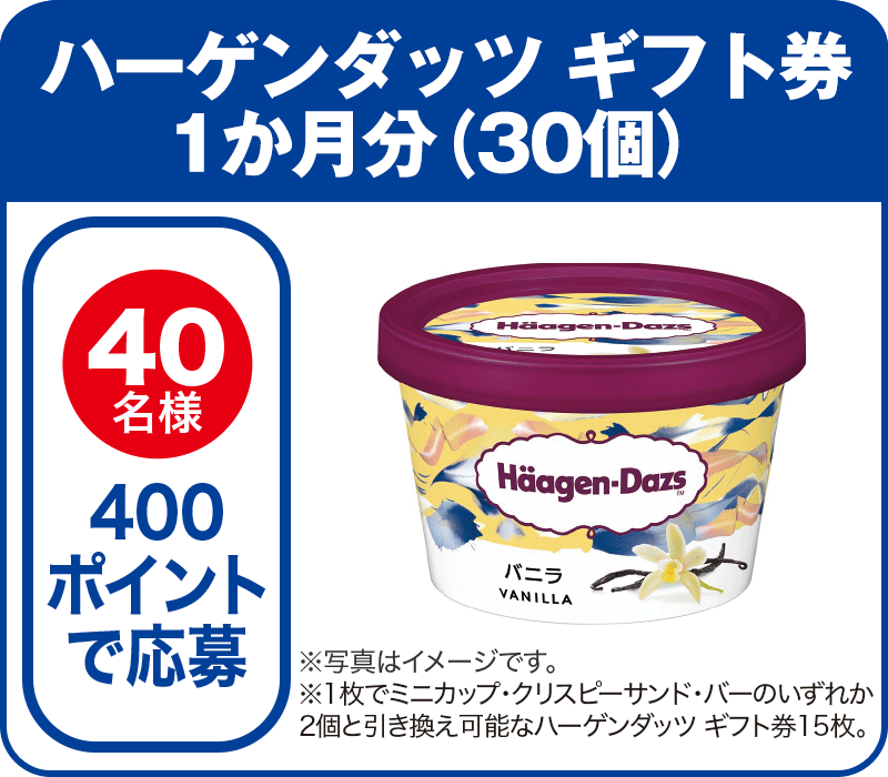 40名様 400ポイントで応募:ハーゲンダッツ ギフト券1ヶ月分（30個）※写真はイメージです。一枚でミニカップ・クリスピーサンド・バーのいずれか2個と引き換え可能なハーゲンダッツギフト券15枚