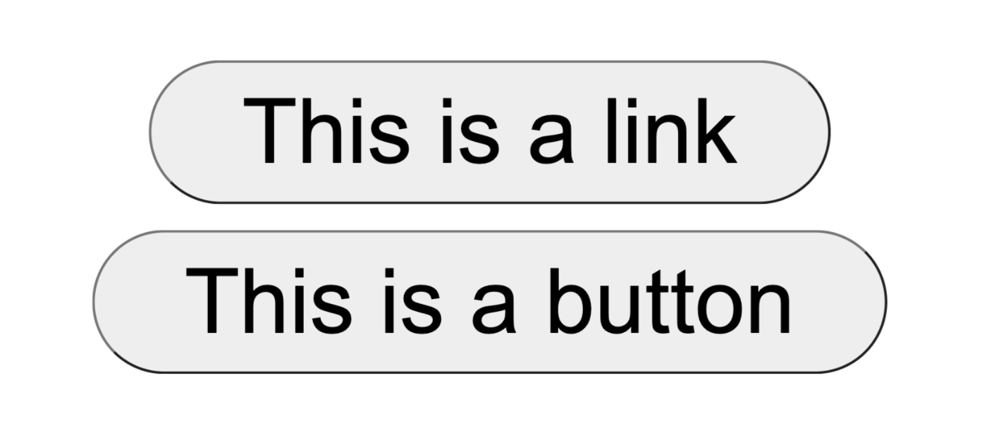同じボーダー、同じ背景色、同じフォントサイズ、同じスタイルをもつ、2つのボタンのようなもの
。片方のラベルには「This is a link」もう片方のラベルは「This is a button」と入っている