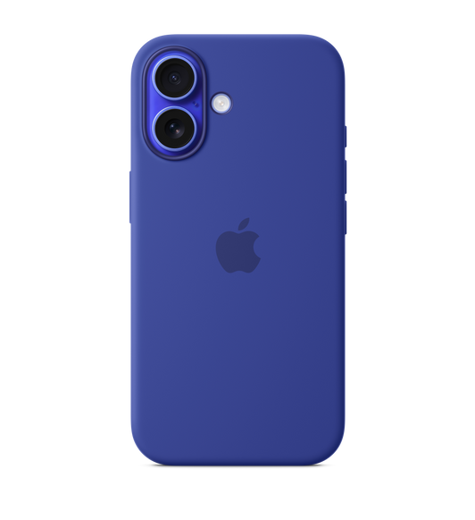 Carcasa de silicona color ultramarino con MagSafe para el iPhone 16, con el logo de Apple en el centro, puesta en un iPhone 16 color ultramarino que se alcanza a apreciar a través del orificio para la cámara.