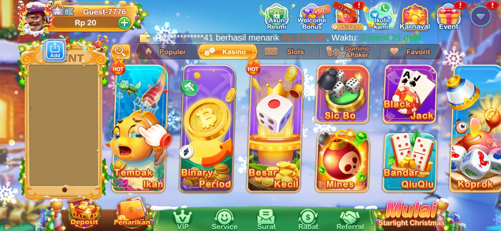 Game kasino populer seperti Tembak Ikan dan Sic Bo tersedia di hp777.