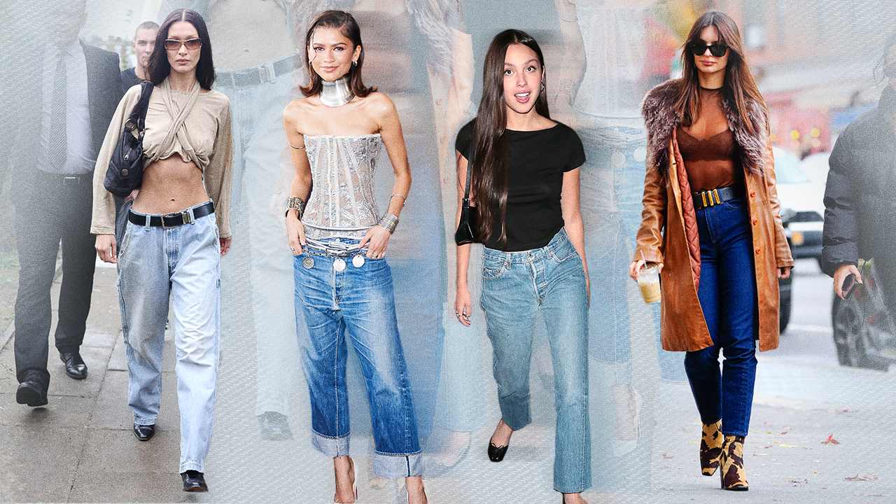 Bella Hadid, Zendaya, Olivia Rodrigo, and Emily Ratajkowski wearing denim.