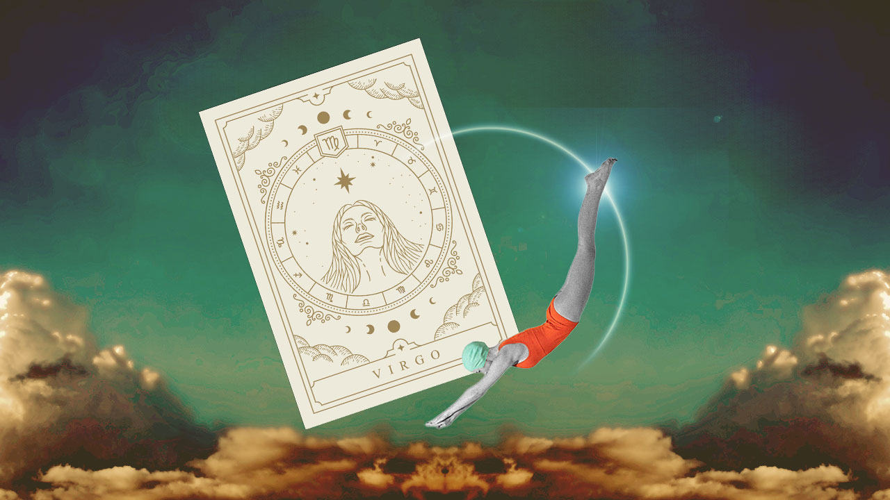 A Virgo tarot card, diver, and sliver of a moon overlaid on a cloudy sky background